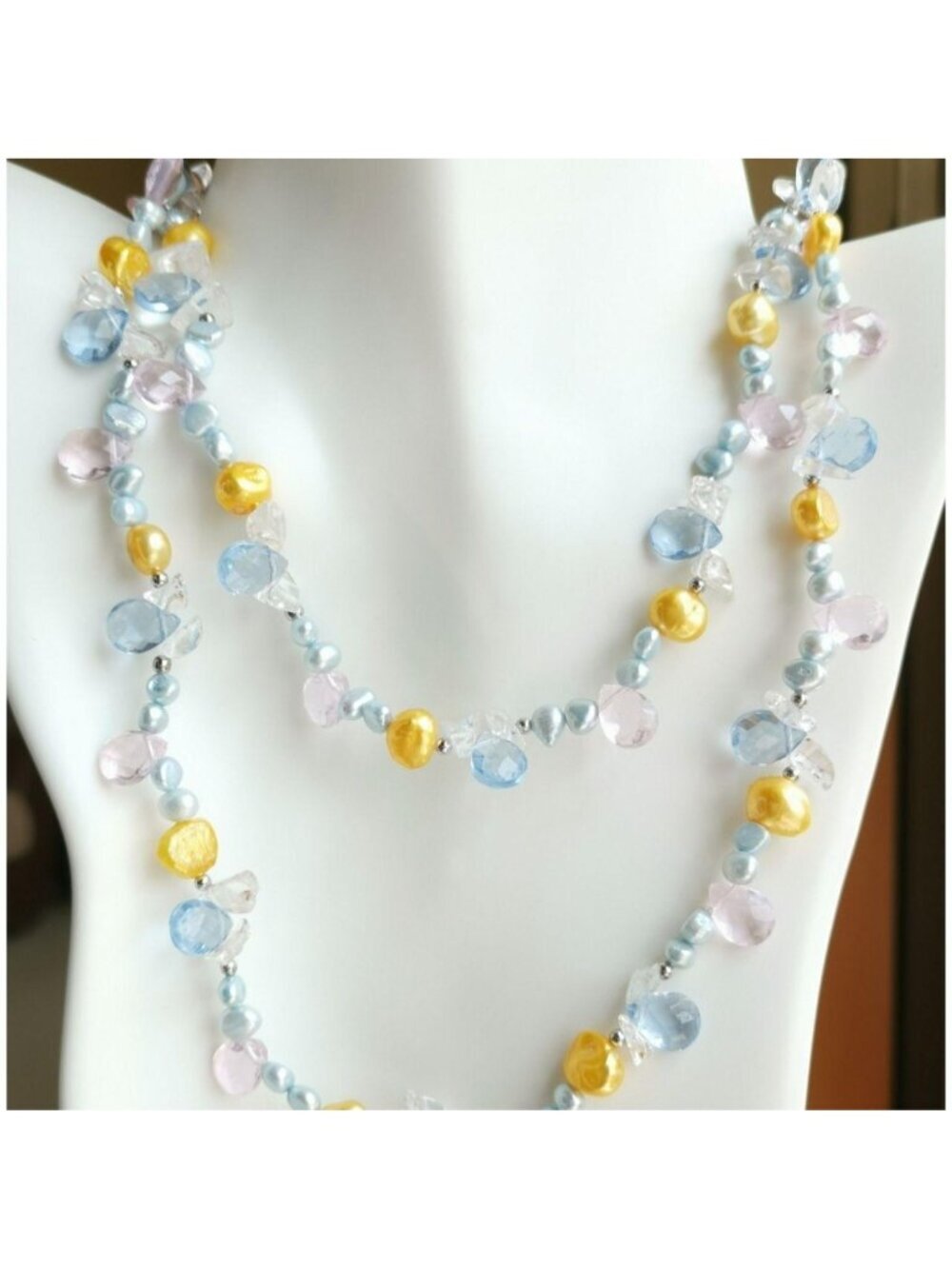 Freshwater Pearl and Crystal Rope Necklace Blue and Yellow 46" 🆕 - Picture 2 of 8